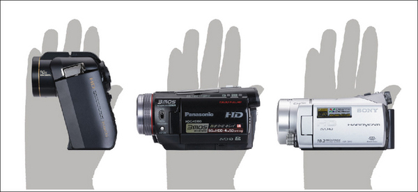 左から、サンヨー「Xacti DMX-HD1010」、パナソニック「HDC-HS100」、ソニー「ハンディカム　HDR-CX12」