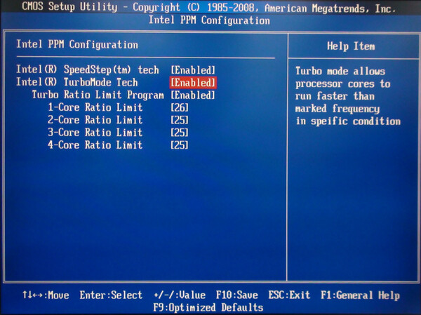 BIOSにあるターボ・ブーストの設定画面