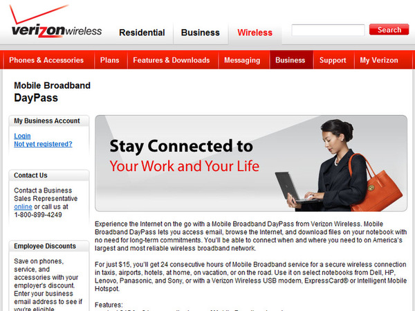 「Mobile Broadband DayPass」のウェブページ