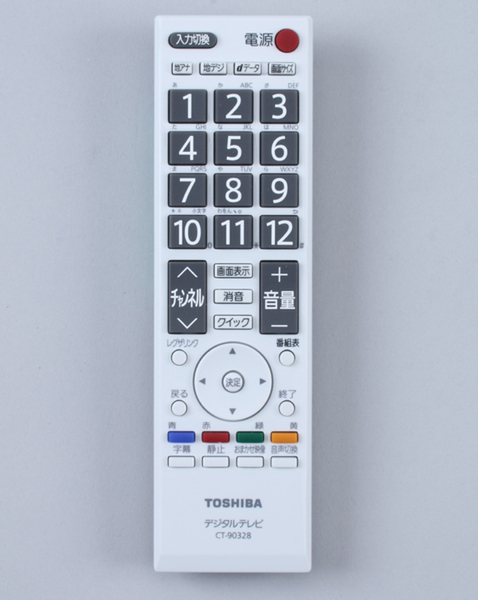 付属のリモコン。握ったときに実際にボタンを押す親指の位置に数字キーが配置されており、ボタンが大きく押しやすい