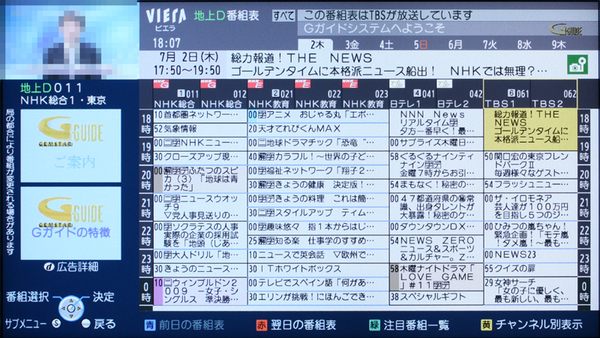 VIERAの番組表。左上に現在受信中の番組が小さく表示される