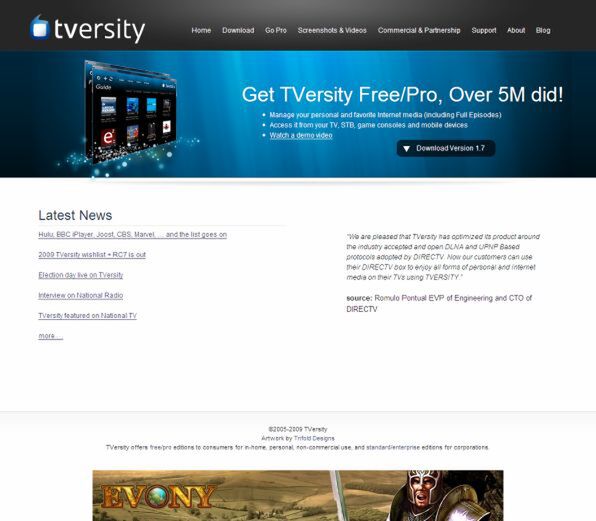 TVersityの公式サイト。無償版のほか、有償版も提供されている。有償版ではHuluなどの動画コンテンツをDLNA経由で再生できるといった機能が使えるようだ