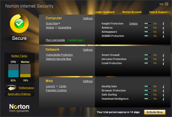 シマンテック インターネットセキュリティ2010のメイン画面