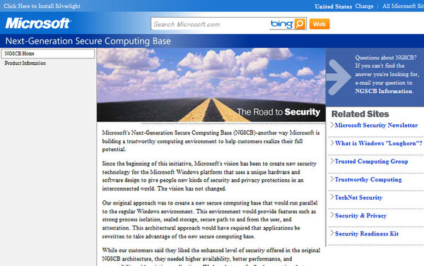 マイクロソフトのサイト上に残る「NGSCB」の情報