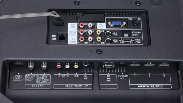 背面の入出力端子。HDMI端子やアンテナ端子などは下向きに配置されており、壁寄せ設置でも端子が邪魔にならないように配慮されている
