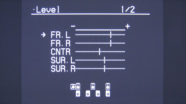 スピーカーセットアップの「Level」画面。各スピーカーの音量レベル差を確認できる。音量レベルの数値が表示されないが、聴感で左右のバランスを微調整するなどには十分