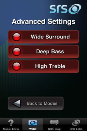 設定画面では、「Wide Surround」と「Deeep Bass」、「High Treble」の3種類の効果をオン／オフできる
