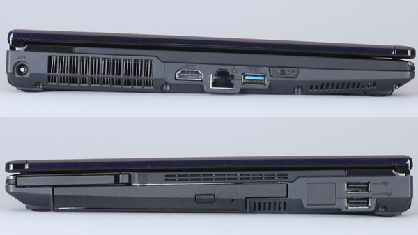 左側面（上）にはUSB 3.0ポートとHDMI出力、ギガビット対応のEthernet端子、無線のON/OFFスイッチ、ACアダプターの接続口がある。右側面（下）には、USB 2.0ポートが2つと、54／34に対応したExpressCardスロット、DVD-R書き込み最大8倍速のスーパーマルチドライブを装備 