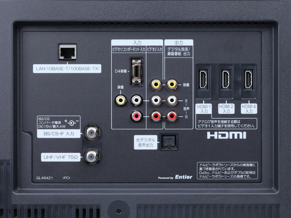 背面のビデオ入出力端子。HDMI入力端子は3系統装備する。決して豊富な装備ではないが、実用上は十分なものとなっている