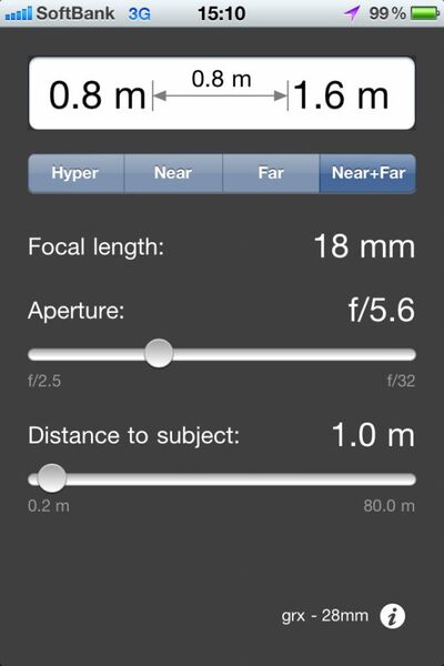 「Field Tools」というiPhoneアプリでピントの合う範囲（被写界深度）を計算してみた