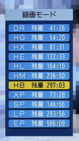 ハイビジョン長時間録画のモードはHG/HX/HE/HL/HM/HBの6つ。HBモードは最大10倍相当となる