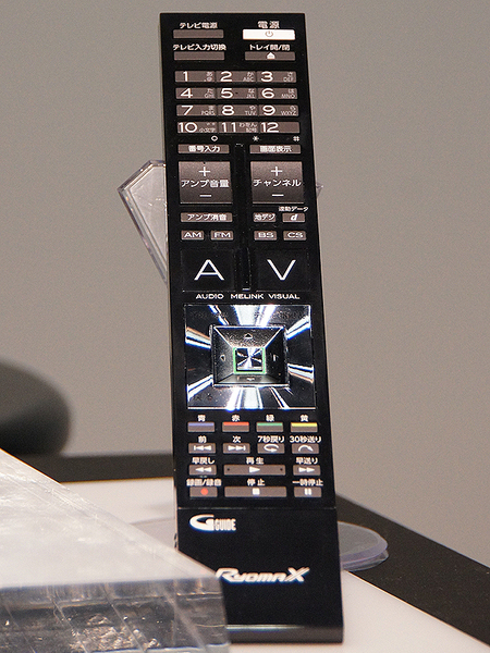 付属のリモコン。中央部に「A」と「V」のボタンがあり、これでオーディオ機能とビジュアル機能を切り替えられる。その両者の融合ともいうべき「MELINK」（後述）のボタンが真ん中にある