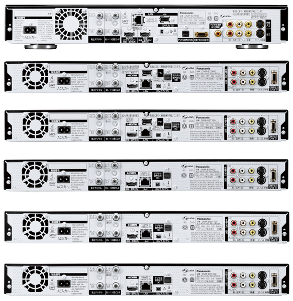 6機種の背面端子部。DMR-BZT900（一番上）は、HDMI出力が2つあったり、アナログ端子に金メッキ加工が施されているなど、ほかの機種とかなり異なる