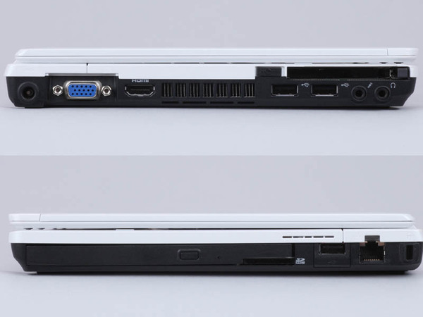 左側面（上）にはアナログRGBに加えてHDMI出力も装備。右側面（下）にはDVDスーパーマルチドライブやSDメモリーカードスロットを搭載する