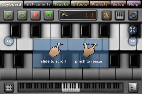 MusicStudioの鍵盤画面。キーの大きさを変えられるほか、2段表示も可能。音階をアルファベットで表示するオプションもある 
