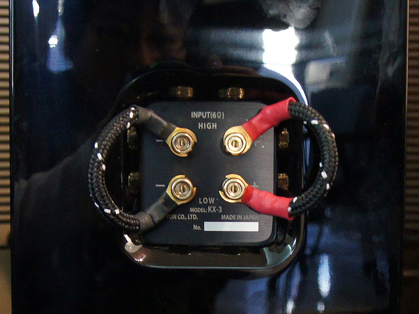 背面のスピーカー接続端子はバイワイヤリングに対応。端子のパーツやジャンパー線などは上位機と共通になっている