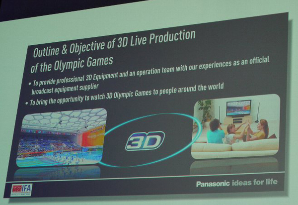 パナソニックは2012年ロンドン五輪のオフィシャルパートナーとして3Dライブ放送をすることを発表