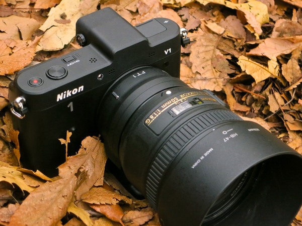 Nikon 1 V1にFT1+50mmレンズを装着した姿。ボディーに対してレンズがデカいけれども、50mmや35mmの単焦点ならレンズ自体が軽量なのでさほど苦にならず。こうしてみると、V1に望遠レンズをつけた感じ（まあ結果としてその通りなのであるが）