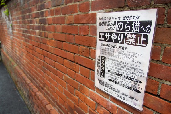 古い赤煉瓦の塀に貼ってあった注意事項。ルールが明示してあってわかりやすい（2012年6月 オリンパス OM-D E-M5）