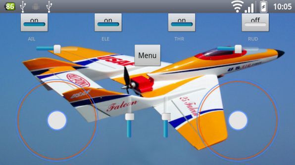 飛行機用コントロールアプリ「RemotePlane」の画面。4chあるので下2つの丸いコントローラーをそれぞれ上下左右に操作する。画面上の丸いポインターを上下あるいは左右に動かせばサーボがそれに合わせて動く。一応、ポインターを動かすときにはスマホが振動して分かるようになっているのだが、物理的なスティックと違って角度を体感しづらいのは確か