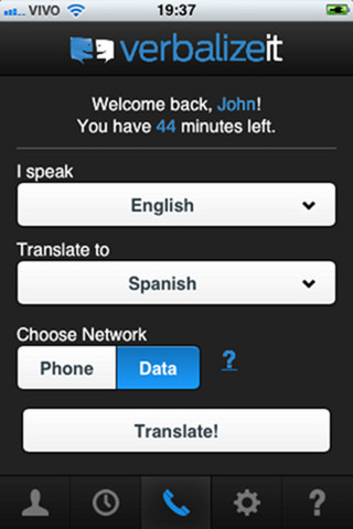 iPhoneアプリ「Verbalizeit」。言語を選択すると通訳を交えたカンファレンスコールになり、リアルタイムで会話を楽しめる