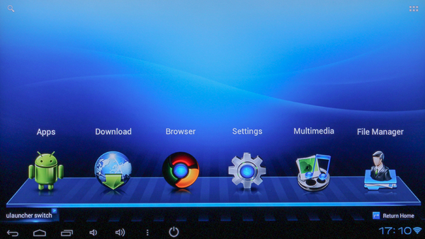 「Androidスティック 4 SmartTV」のホーム画面。右上にアプリ一覧ボタン、下方にホームボタンがあるなどAndroid端末っぽいUIだ