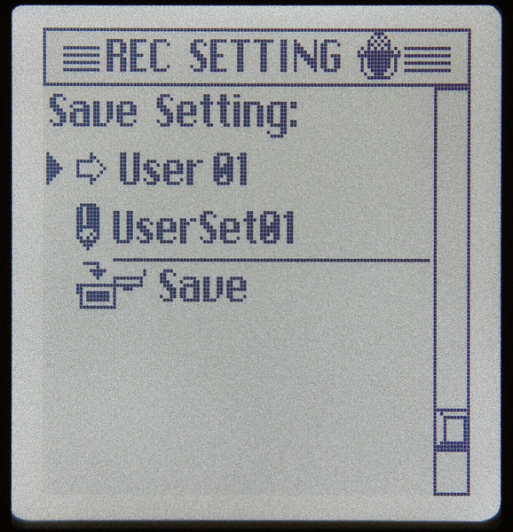 録音設定の画面その4。設定した内容をユーザーメモリーとして保存できる。名称をつけて複数残すことも可能だ