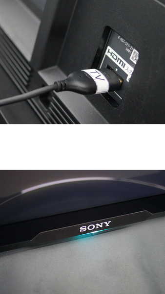 背面のHDMI端子（上）。4K信号の入力に対応する。前面下方で青いイルミネーションランプが光る（下）