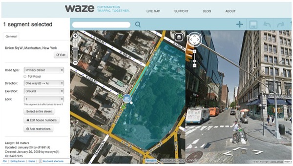 「Googleストリートビュー」や衛星画像が「Waze」でも見られるイメージ（米グーグル公式ブログより）