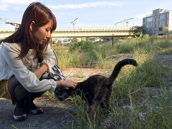 雑草が生えた川原ときれいなおねえさんと猫。知らない人を撮るときはひと声かけましょう（2013年10月 アップル iPhone 5s）