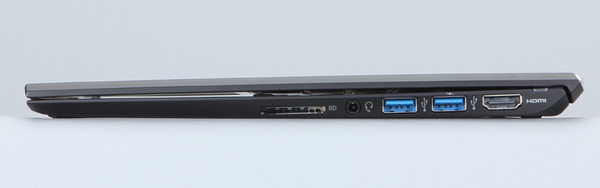 右側面にはSD/SDHC/SDXC対応メモリーカードスロットとヘッドホン端子、USB 3.0端子×2、HDMI端子と並ぶ