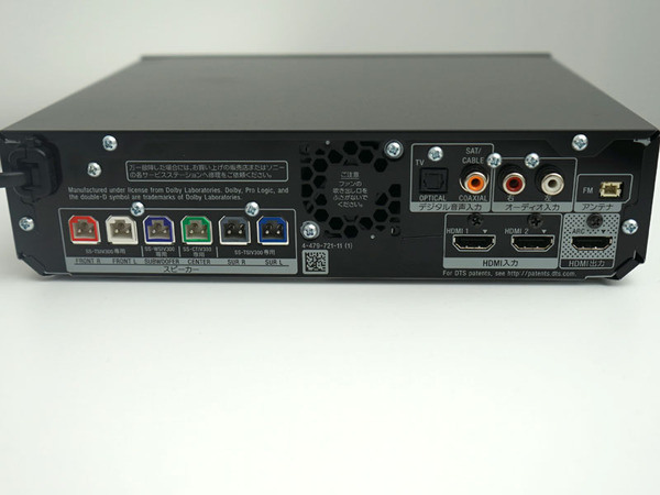 アンプ部の背面端子。HDMI入力は2系統で、それ以外にアナログとデジタル（光、同軸）の入力を備える