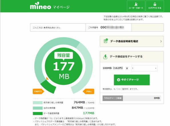mineoのウェブサイトで残りの通信容量を確認できる