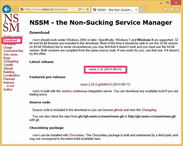 「NSSM」のサイト。左側のメニューより「Download」を選択して「Latest release」の最新版をダウンロードする