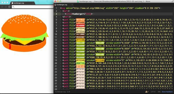 SVGのソースコード。ハンバーガーの画像のコードをのぞくと、タグで構成されているのがわかる