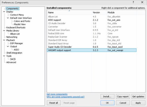 Foobar2000のpreferenceにある「Components」画面。WASAPI output supportが登録済みとなっている