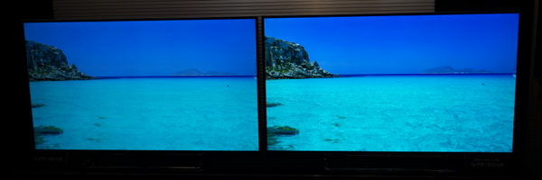 HDR対応テレビ（右）と非対応テレビ（左）。右があざやかで高解像に見える