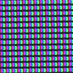 IPS方式のパネルを使用した液晶テレビ（東芝　49G20X）の画素を接写で撮影。RGBのサブピクセルの形状が>のような形に斜めになっていることがわかる