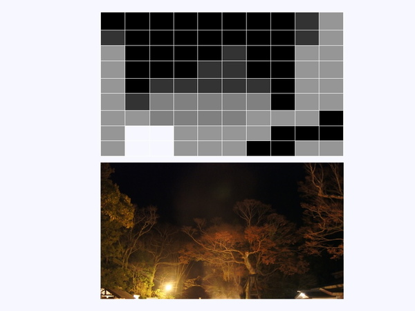 下の写真を液晶パネルに表示する場合、直下型であれば上のようにLEDライトを点灯させることで、暗い部分は真っ黒に表示できる