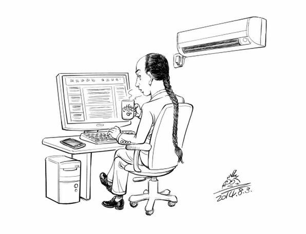 辣椒氏の風刺画。パソコン、エアコン、スマホ、珈琲、スーツと現代生活を楽しむ中国人。しかし、その辮髪が示す通り、意識はまだ近代化されていない
