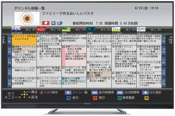 パナソニックの過去番組表のイメージ。設定したチャンネルを番組表形式で表示する。上部には選んだ番組のサムネイルとタイトルなどが表示される