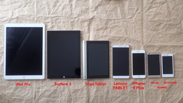 筆者宅にあったスマホ＆タブレットをサイズ順に並べてみた。やはり大きなiPad Pro……iPhone 6 Plusが普通のiPhone以下のサイズに思えてしまう