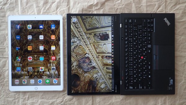 12.9インチのiPad Pro（左）は縦横比が異なるが、ほぼ「ThinkPad X1 Carbon」（14インチ）と同じくらいの画面面積だ