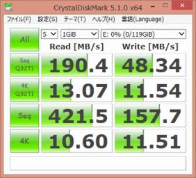「CrystalDiskMark 5.1.0 x64」の結果。隣の「Blackmagic Design Disk Speed Test」の結果からもわかる通りだが、書込157MB/s、読込421MB/sと持ち運ぶ用としては上々だ