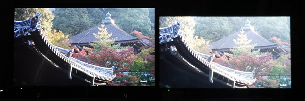 HDR対応テレビ（左）と非対応テレビ（右）の比較。左の方が黒が締まって見える