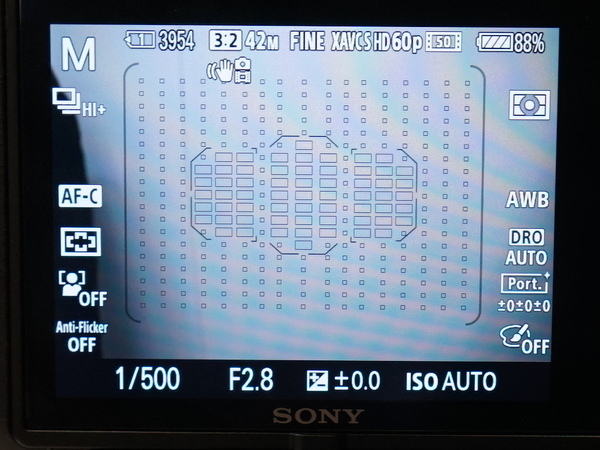 α99IIのライブビュー画面。中央の測距点はマイナス4EV、F2.8光束対応だ