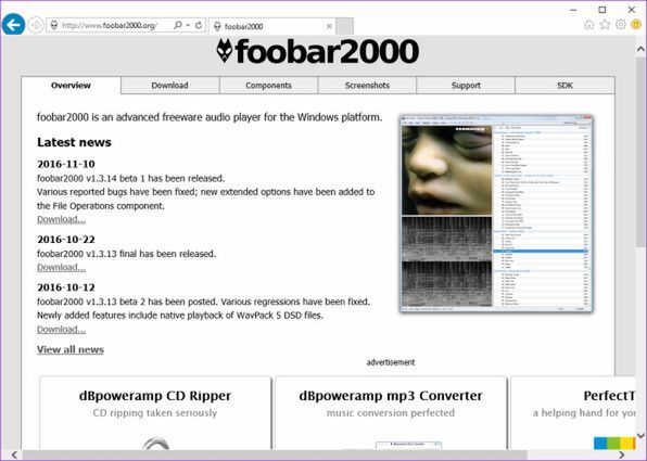 Foobar2000の公式ページ。「Download」のタグをクリックするとソフトのダウンロードページに移動できる