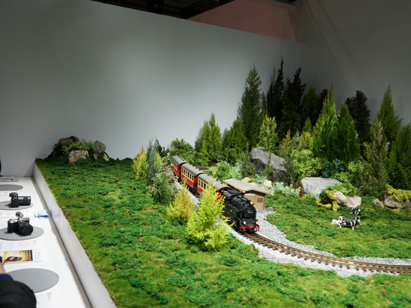 体験コーナーに鉄道模型など動く被写体を用意したメーカーがほとんどだった（写真はキヤノン）