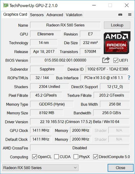MSI Radeon RX580 8GB GDDR5 Samsung