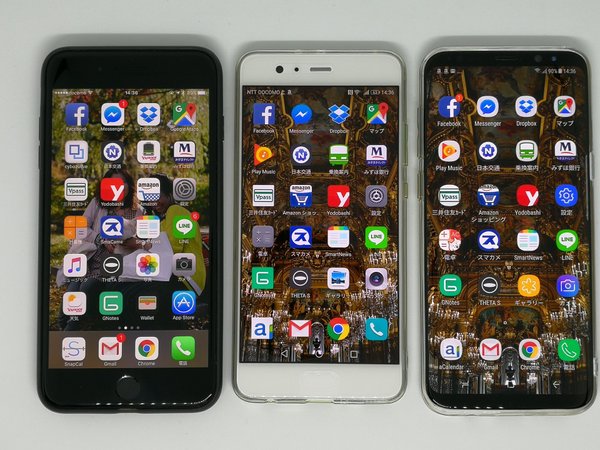 左から、筆者愛用の「iPhone 7 Plus」「HUAWEI P10 Plus」「Galaxy s8 Plus」。トータルパフォーマンスはGalaxyが群を抜いているが、今はトラブルで修理中